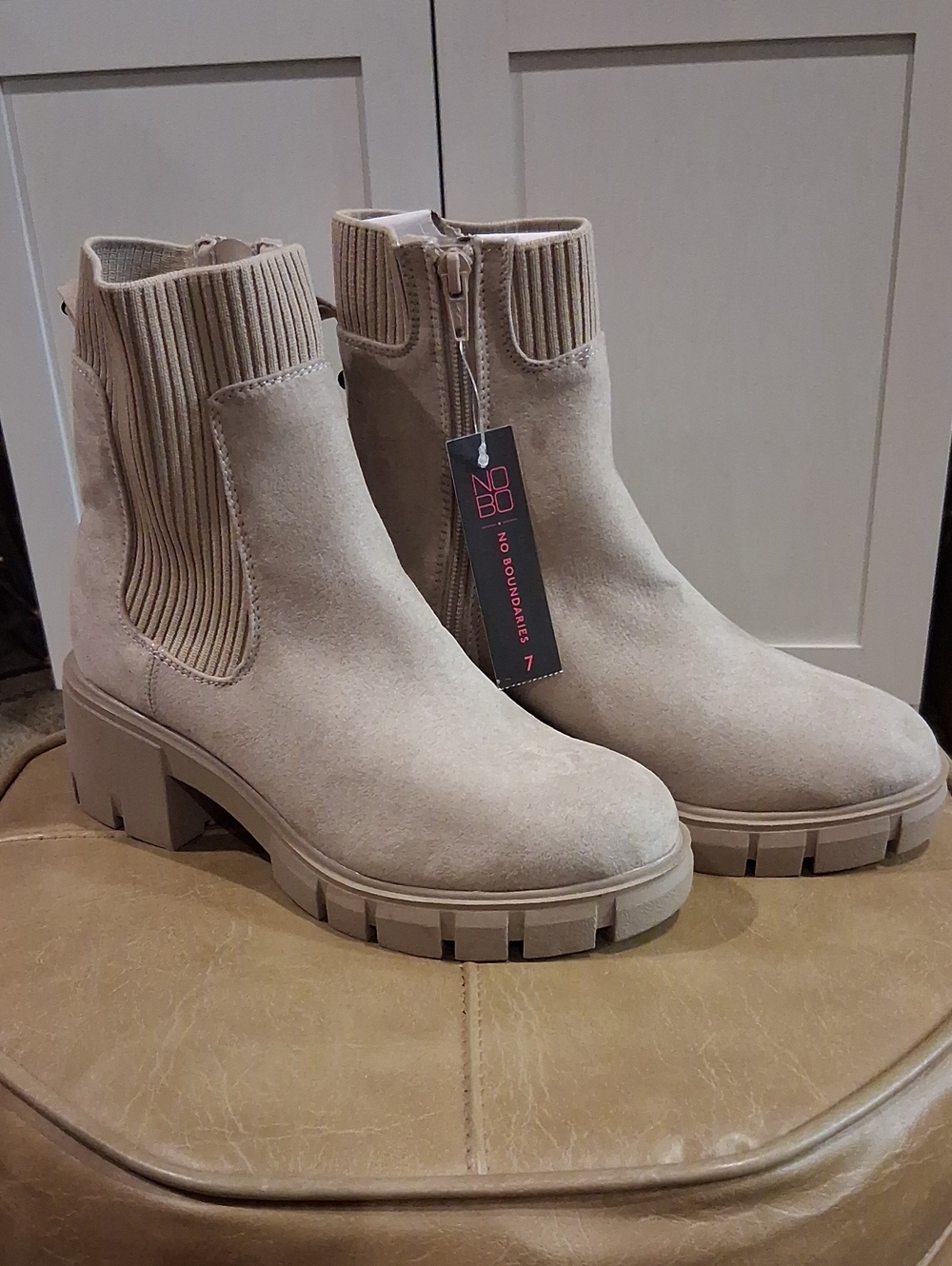 No Boundaries Cream Ribbed Chelsea Lug Sole Ankle Boots